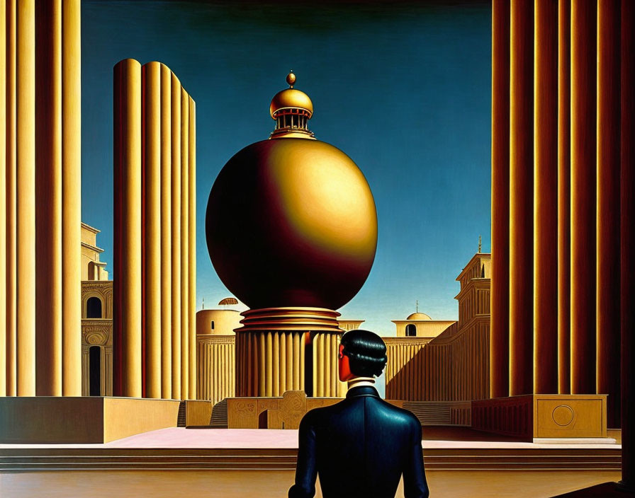 Man in Dark Suit Observes Surreal Golden Cityscape