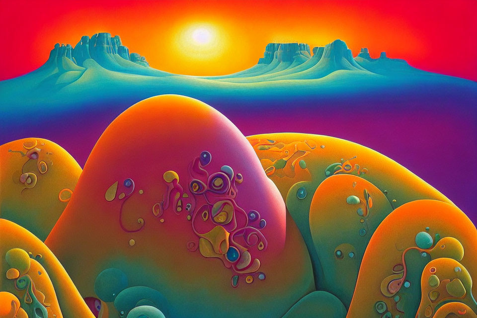 Colorful surreal landscape with egg-like hills and flat-top mountains under twilight sky