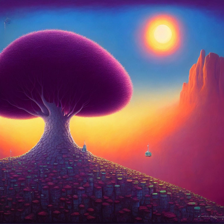 Surreal landscape with large purple tree, cubic ground, small figures, lanterns, red mountain