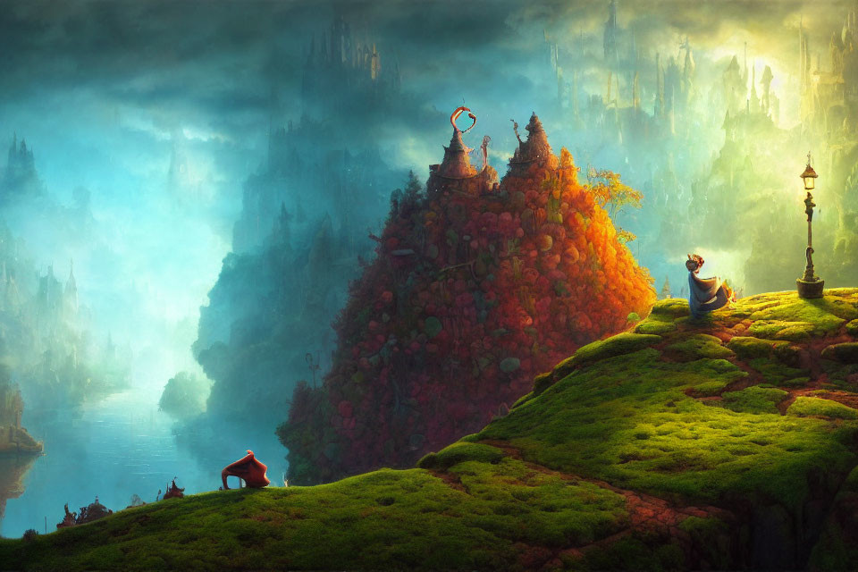 Person sitting on lush green hill overlooking vibrant, fantastical landscape