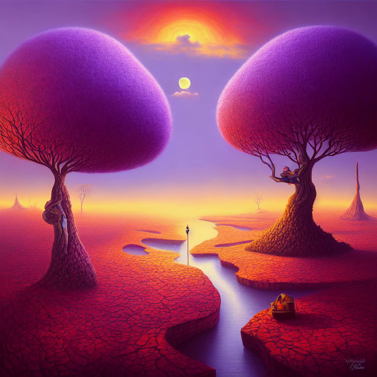 Purple Trees on Red Ground with River and Sunset Skyline