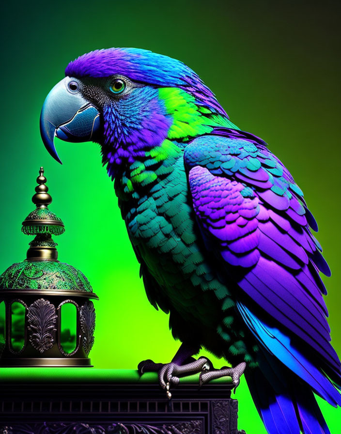 Colorful Parrot Perched Near Ornate Lantern on Green Background