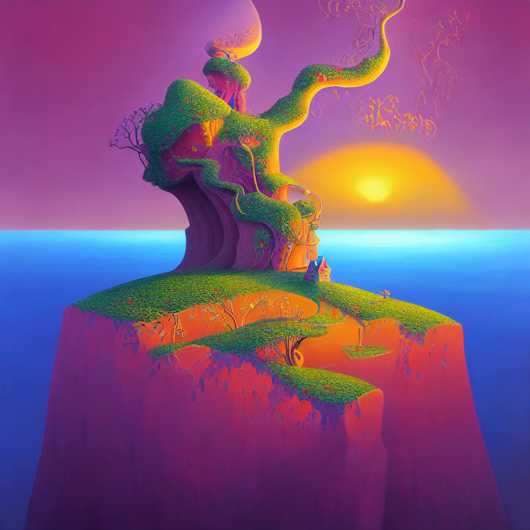 Fantasy landscape with whimsical tree on steep cliff at sunset