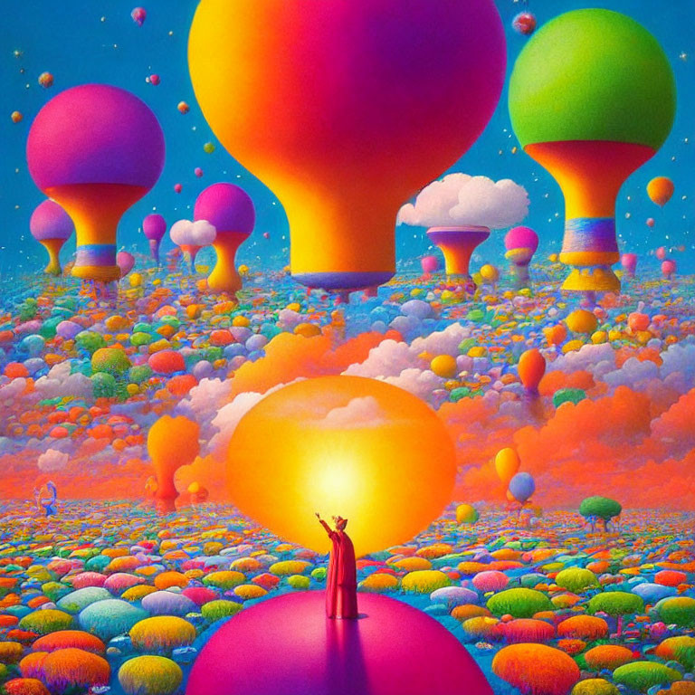 Colorful surreal landscape with person on sphere & balloon-like trees