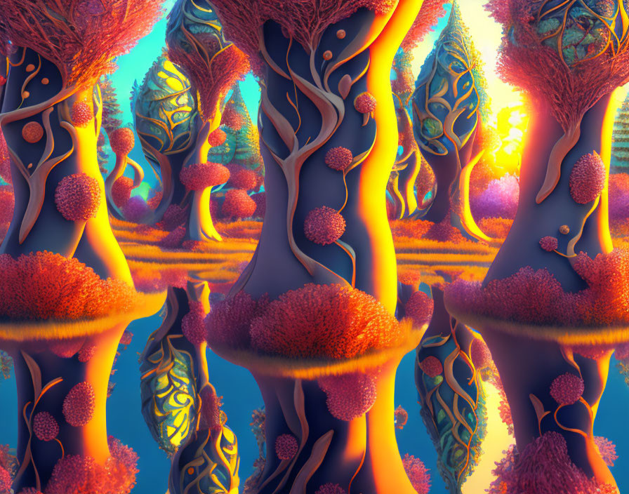 Fantasy forest with neon colors and whimsical tree shapes