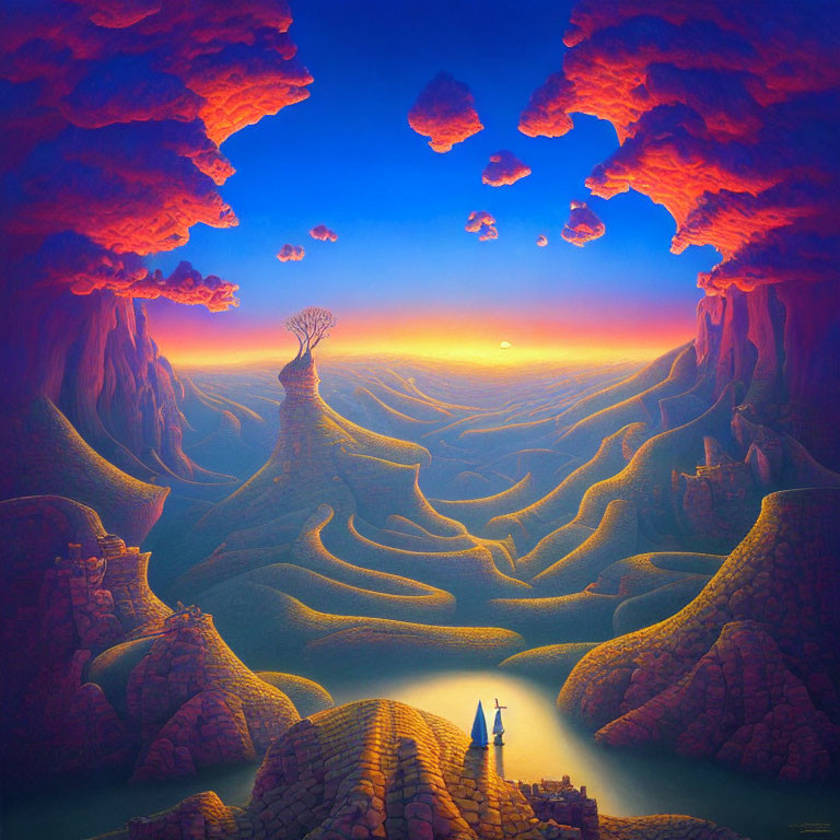 Surreal sunset landscape with undulating hills, lone figure, tree, and pink clouds