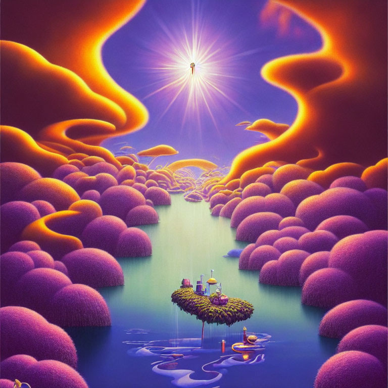 Purple Fluffy Islands in Surreal Landscape with River and Shining Star