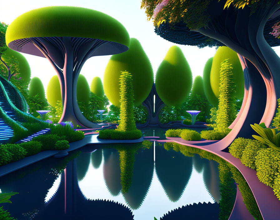 Surreal landscape with oversized mushroom-like trees and colorful flora under a dusk or dawn sky