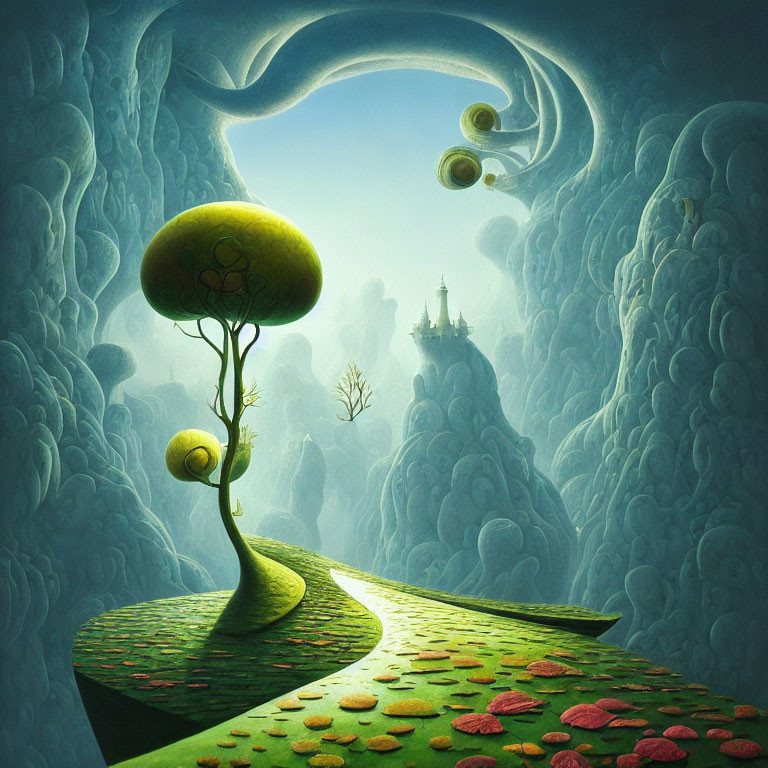 Surreal landscape with whimsical tree, winding path, snail-like hills, and distant castle