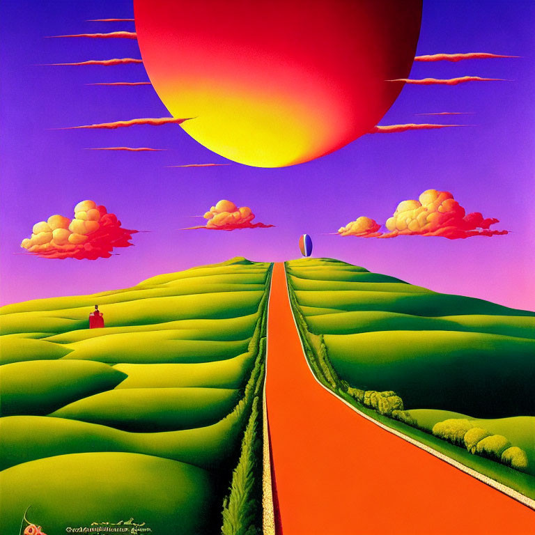 Surreal landscape with green hills, orange road, pink sky, red sun