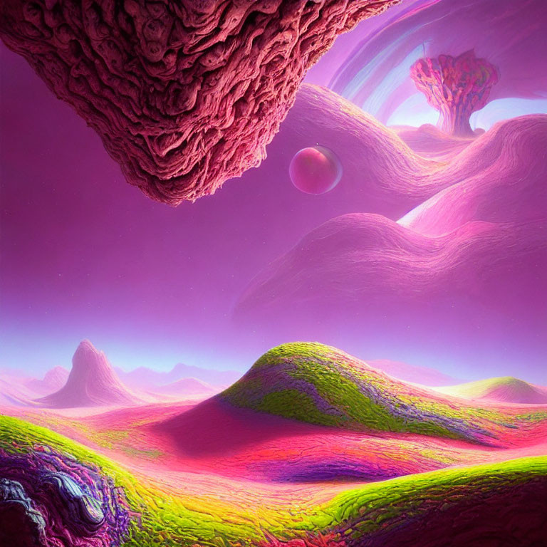 Vibrant surreal landscape with purple hues, rolling hills, and textured rock formation.