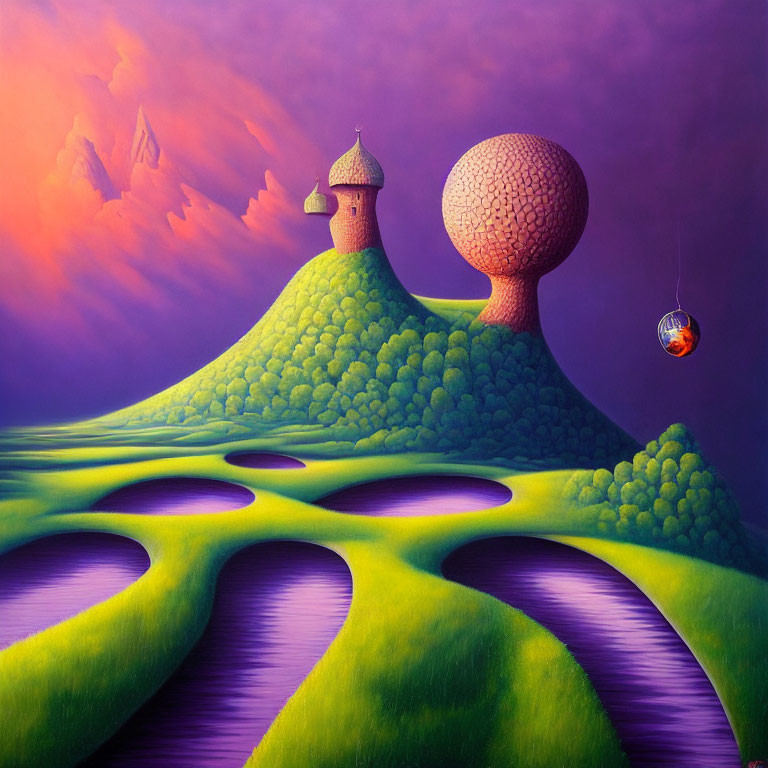 Surreal landscape featuring green hillock, whimsical structures, textured sphere, rivers, and hot