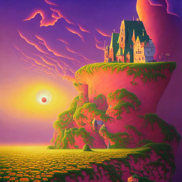 Illustration of castle on tree-covered rock under purple sky