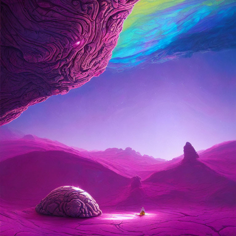 Vibrant surreal landscape with purple terrain and brain-shaped rocks