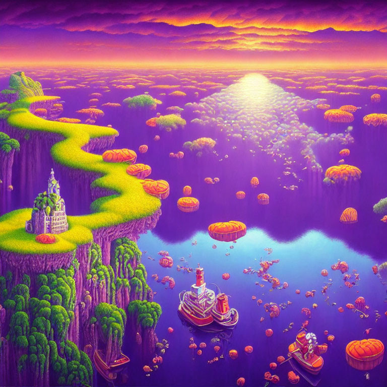 Fantasy sunset landscape with floating islands, castle, lush trees, and boats on purple sea