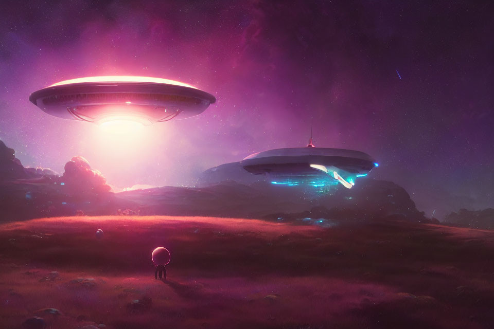 Mysterious UFOs hover over figure in dreamy dusk landscape