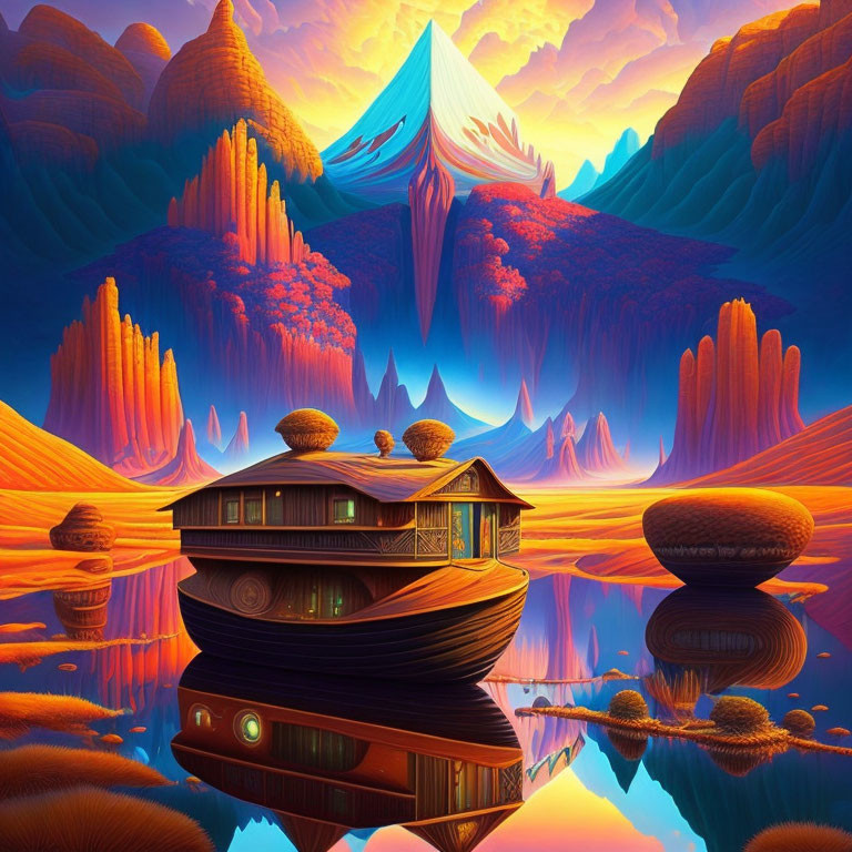 Fantastical landscape with floating house on mirror-like lake