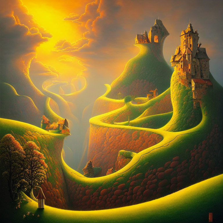 Whimsical fantasy landscape with green hills, winding paths, and fairytale castles