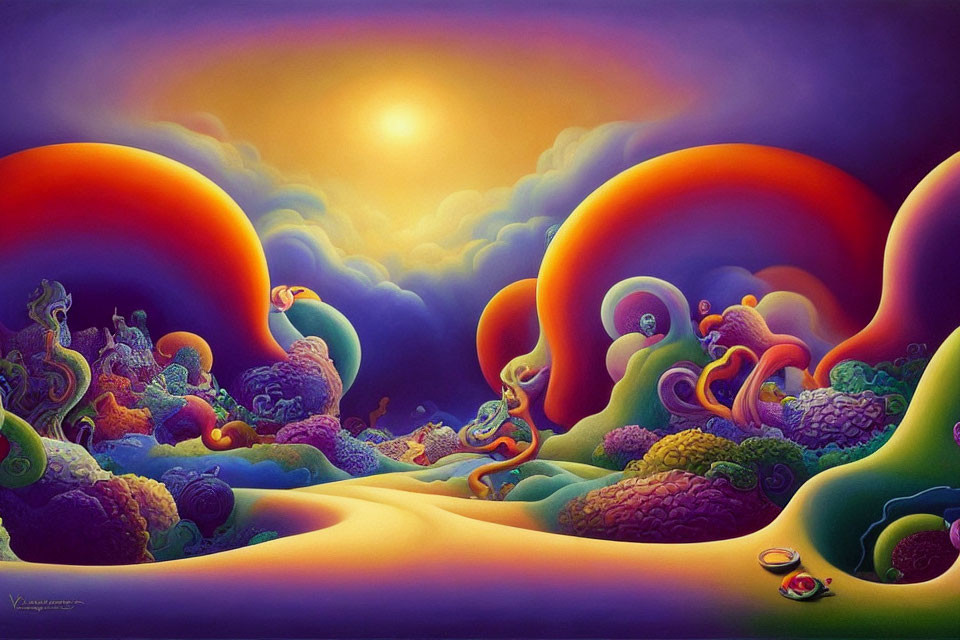 Colorful surreal landscape painting with rolling hills and whimsical shapes