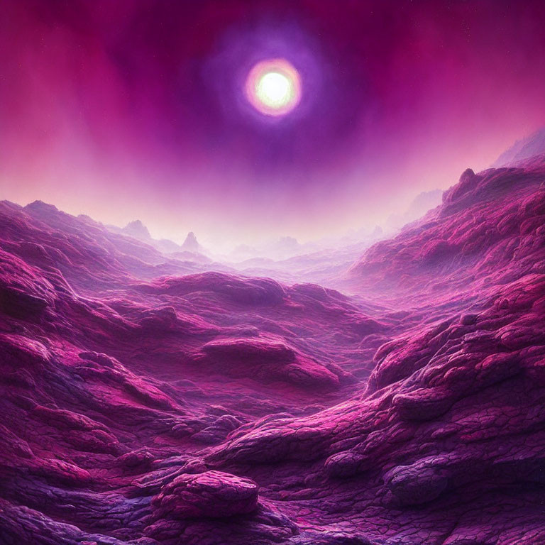 Vibrant purple terrain under a bright moon in a hazy pink sky