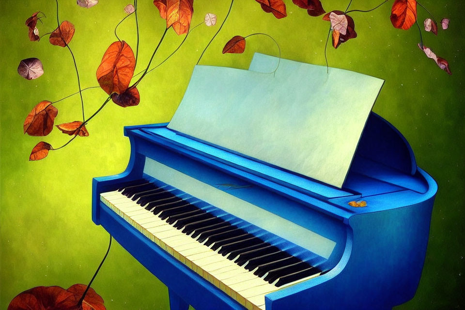 Colorful Illustration of Blue Grand Piano on Green Background with Floating Autumn Leaves