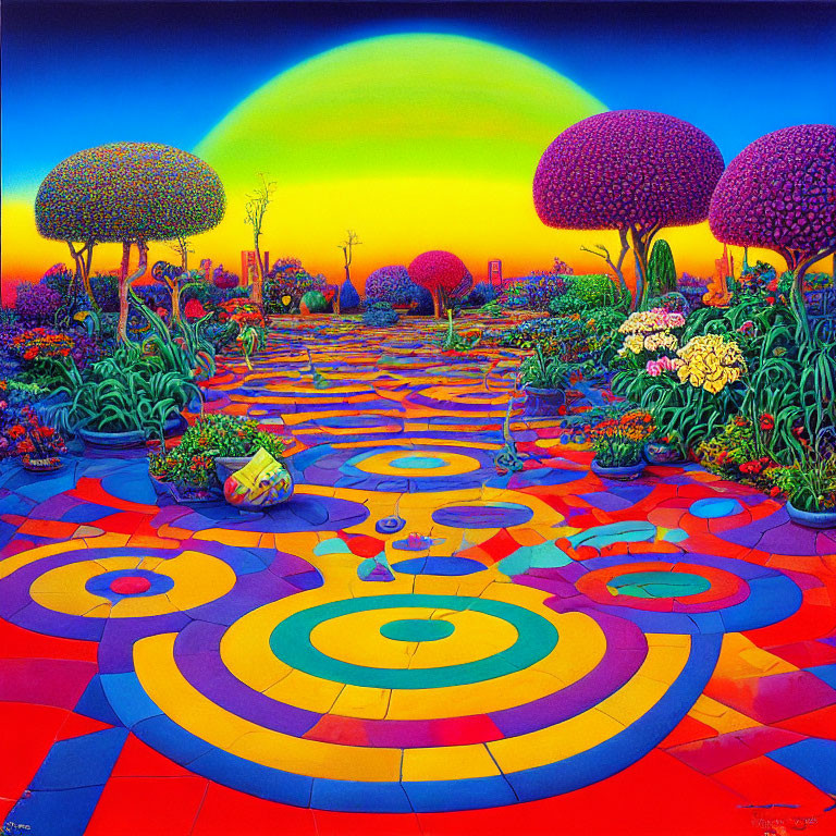 Colorful Psychedelic Landscape with Whimsical Trees and Lush Flowers