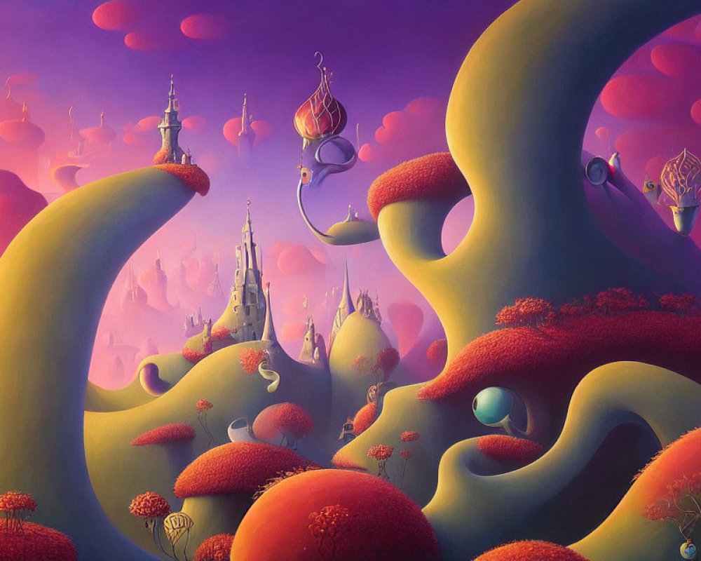 Surreal landscape with whimsical castles and vibrant colors