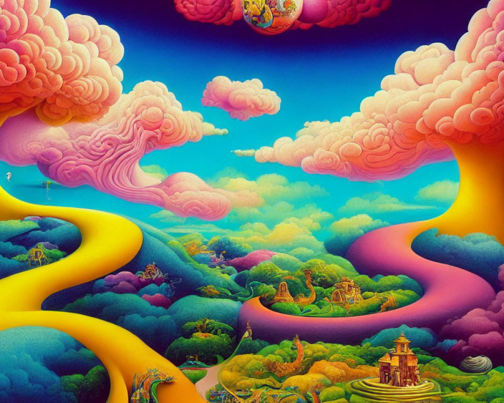 Surreal landscape with pink clouds, yellow paths, green hills