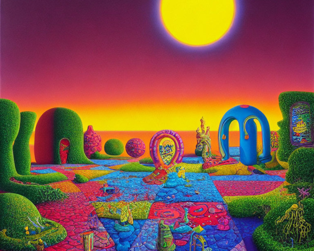 Vibrant Psychedelic Landscape with Sun and Abstract Elements