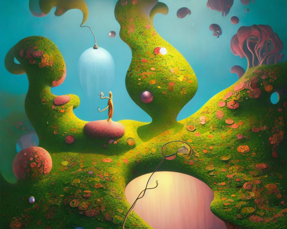 Colorful surreal landscape with tree-like structures and humanoid figure gazing at lantern