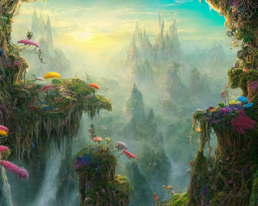 Fantastical landscape with cliffs, waterfalls, and exotic flora