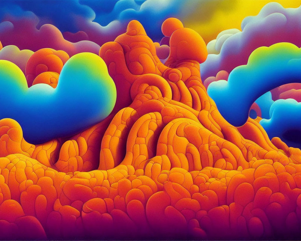 Colorful surreal landscape with orange formations and vibrant sky