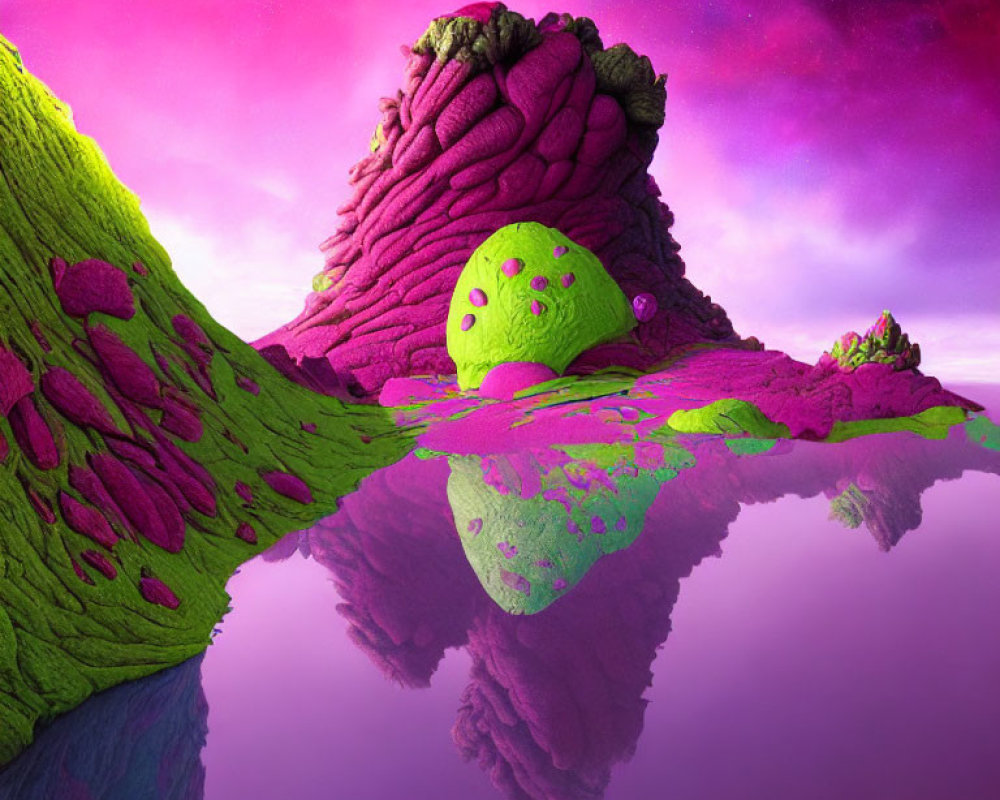 Colorful alien landscape with purple and green terrain under a starry pink sky