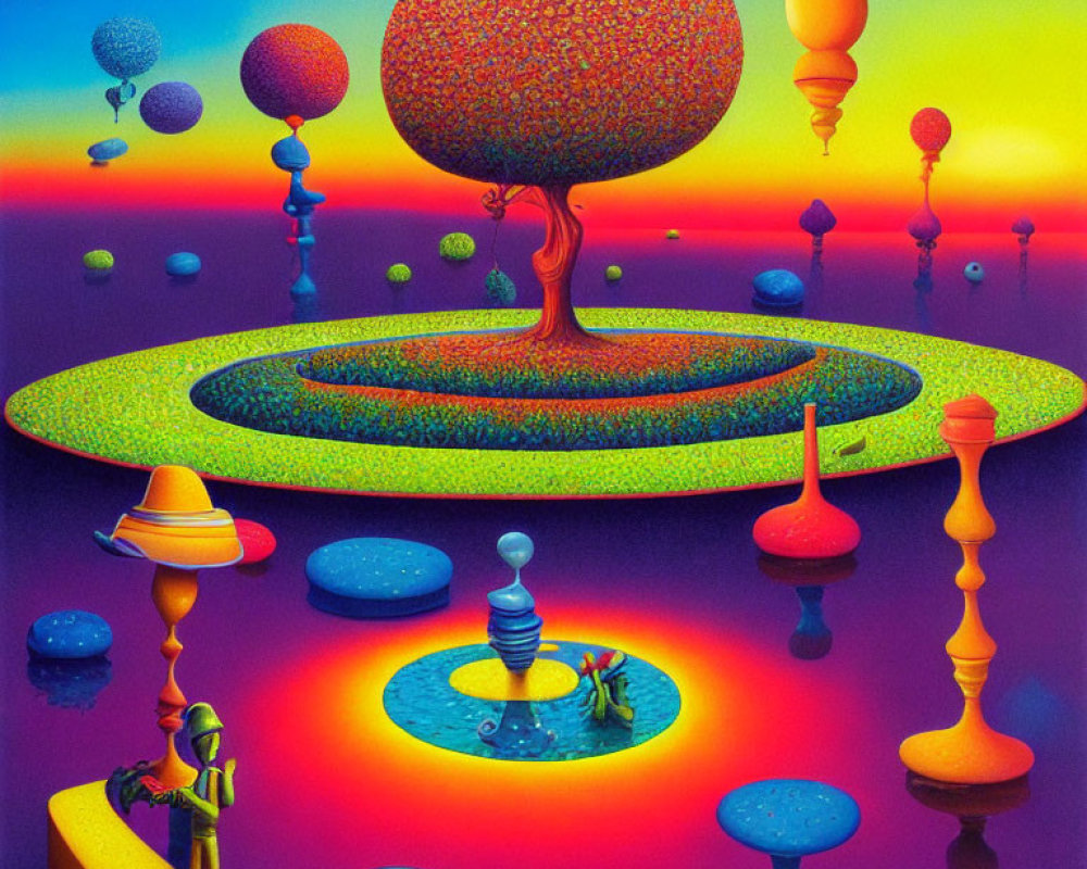 Colorful Tree and Floating Spheres in Surreal Landscape