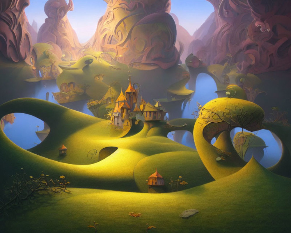 Fantasy landscape with golden castle and surreal trees