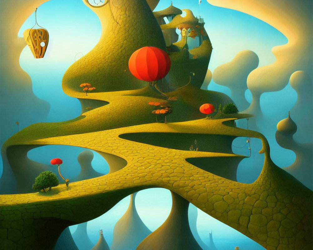 Surreal landscape with winding tree, floating islands, red balloon