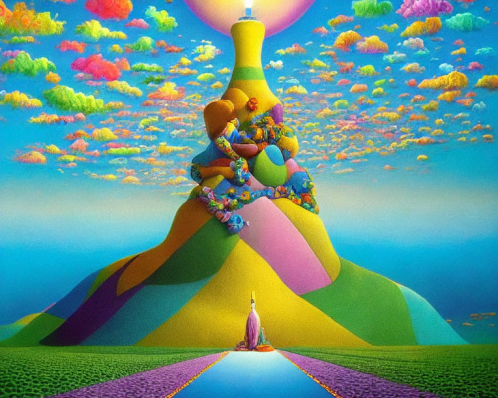 Colorful surreal landscape with person meditating near giant candle