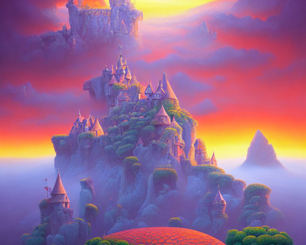 Vibrant sunset landscape with towering castles and floating islands