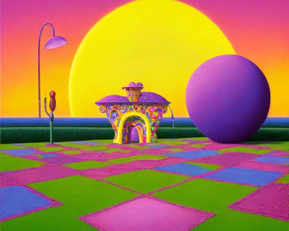 Vibrant surreal artwork with yellow sun, colorful house, purple sphere, and street lamp