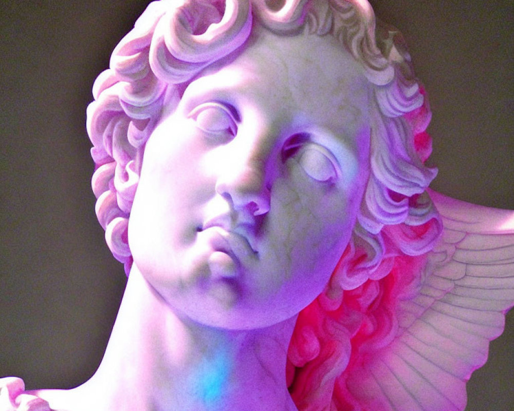 Angel sculpture with curly hair, wings, serene expression, and colorful lighting