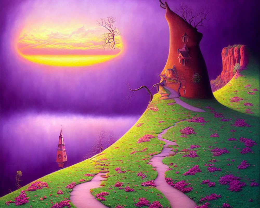 Whimsical landscape with vibrant purple sky, treehouse, distant tower, oversized setting sun.