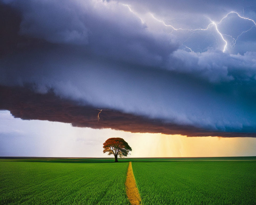 Solitary Tree on Green Field Under Stormy Sky with Lightning