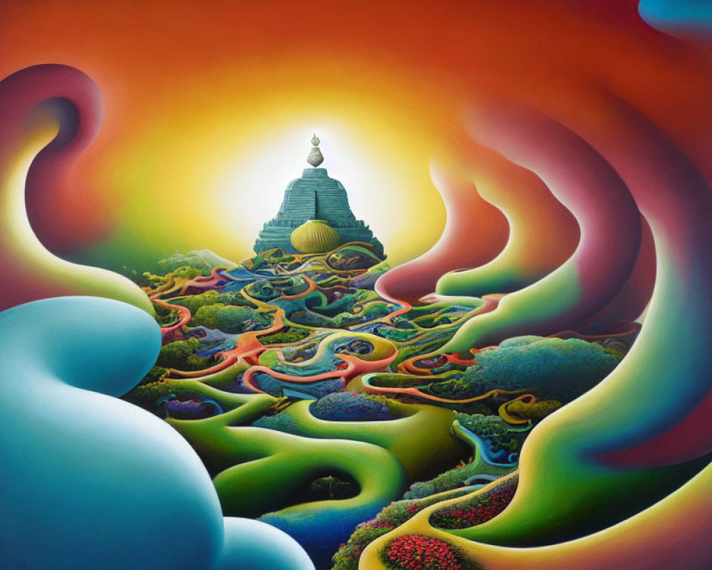 Colorful Surreal Landscape Painting with Stupa and Sun