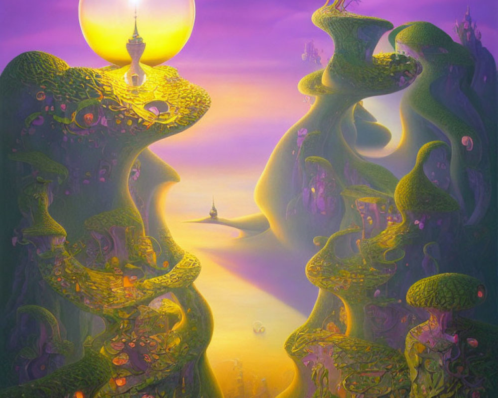 Surreal organic towers in purple and yellow sky with glowing orb