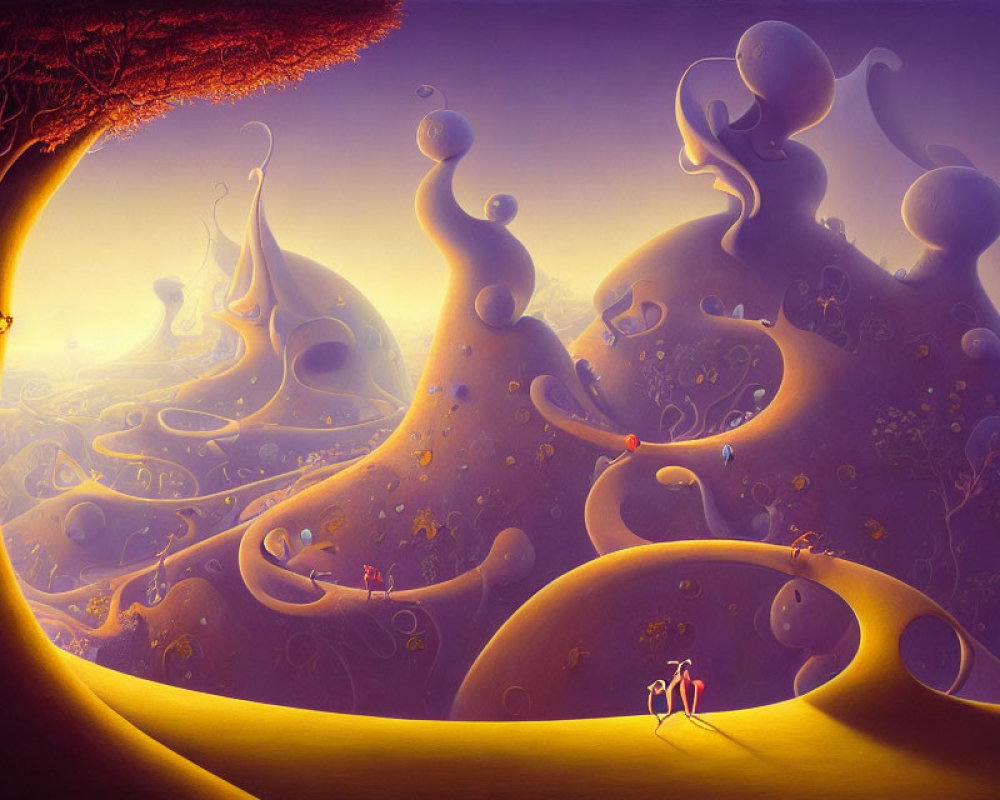 Surreal landscape with organic shapes, figures, whimsical trees in purple and yellow hues