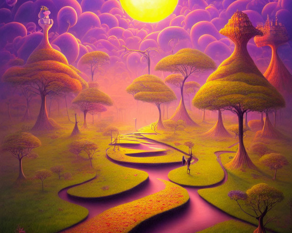 Fantasy landscape with winding rivers, purple flora, moon, surreal trees