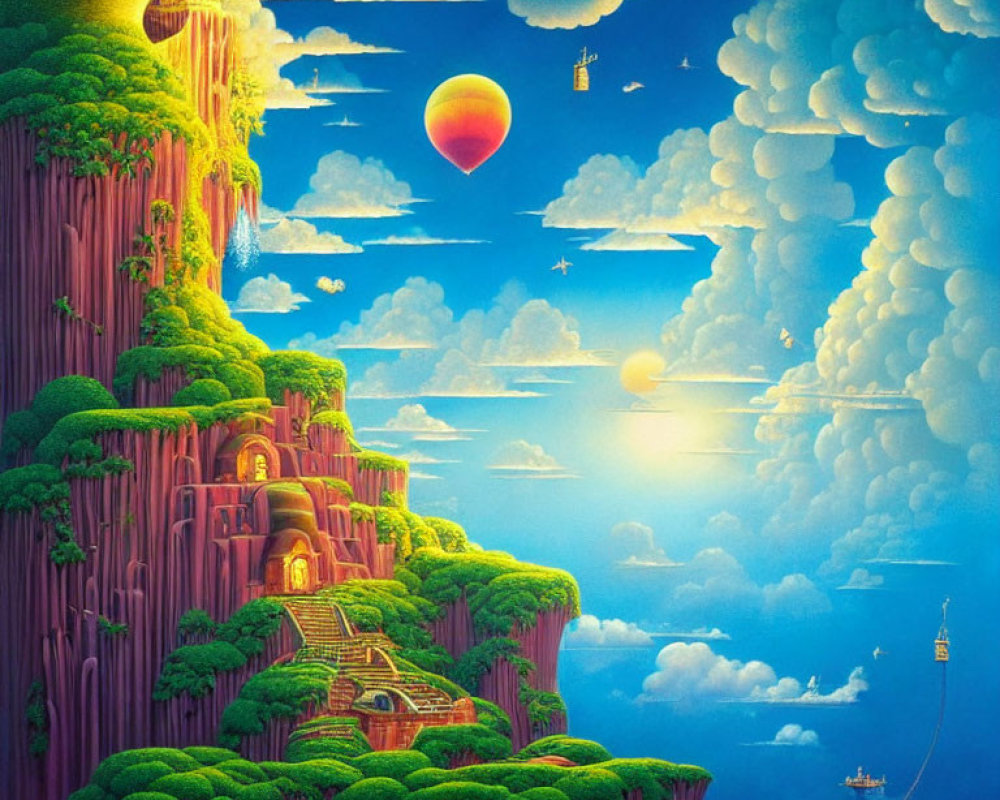 Fantastical landscape with green cliffs, hot air balloon, ship, and sunset.