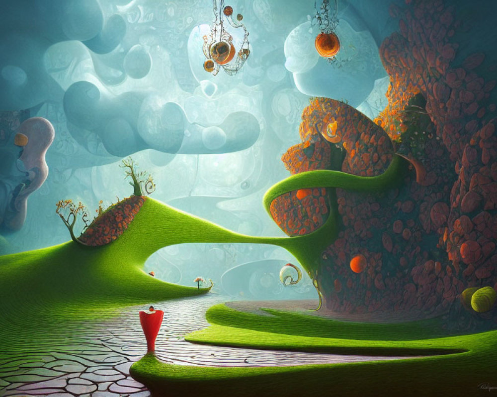 Whimsical surreal landscape with red chair and floating orbs