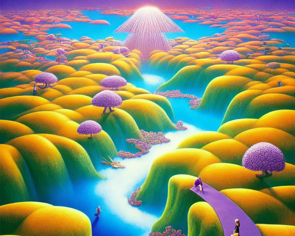 Vibrant surreal landscape with green hills, purple trees, small figures, and radiant sun