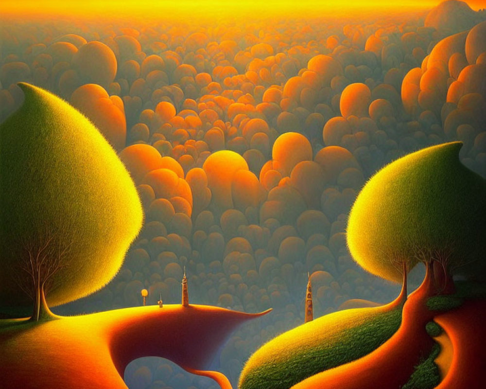 Surreal landscape with oversized trees and tiny figures under orange sky